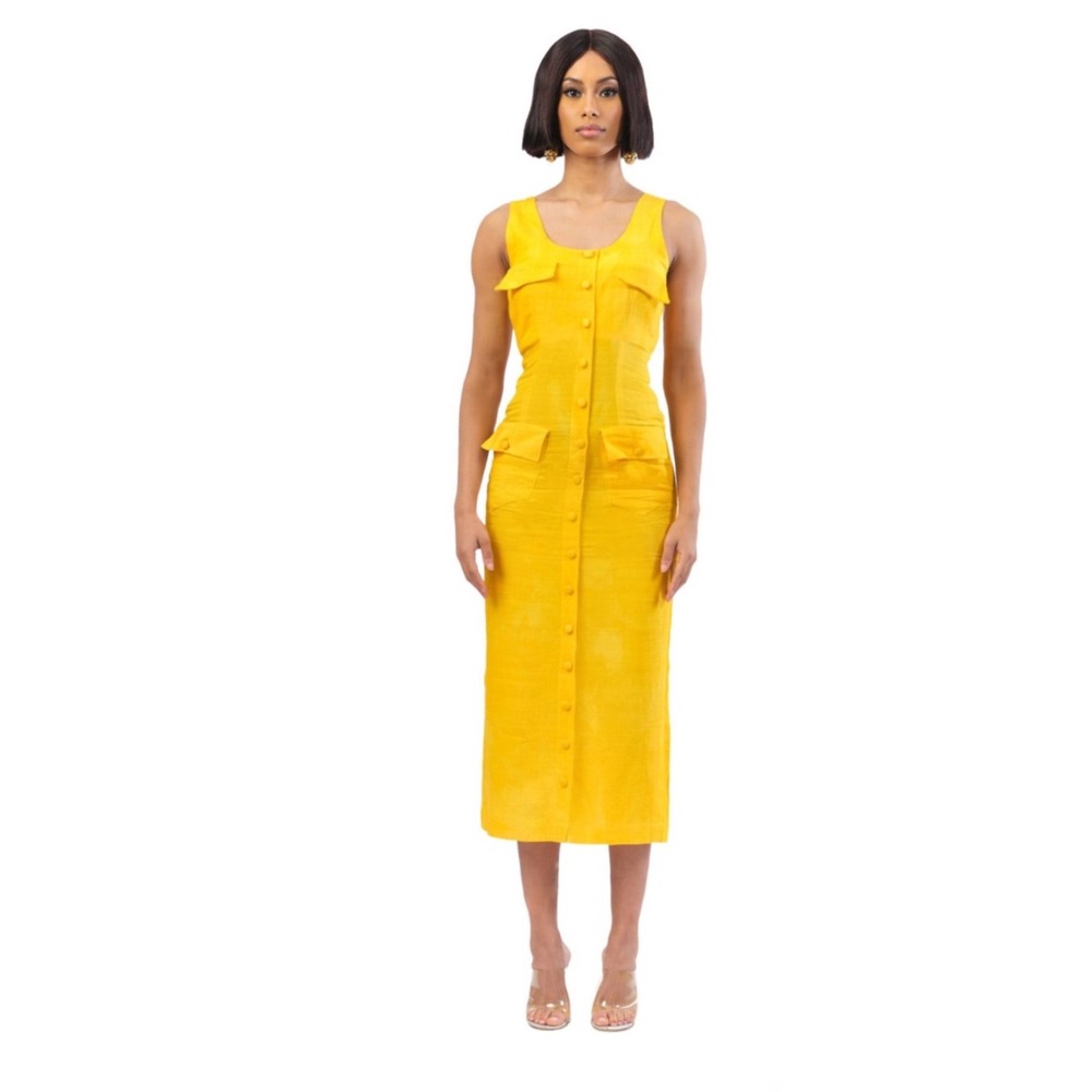Domina by Michelle Yellow Linen Button Front Utility Midi Dress Size 12